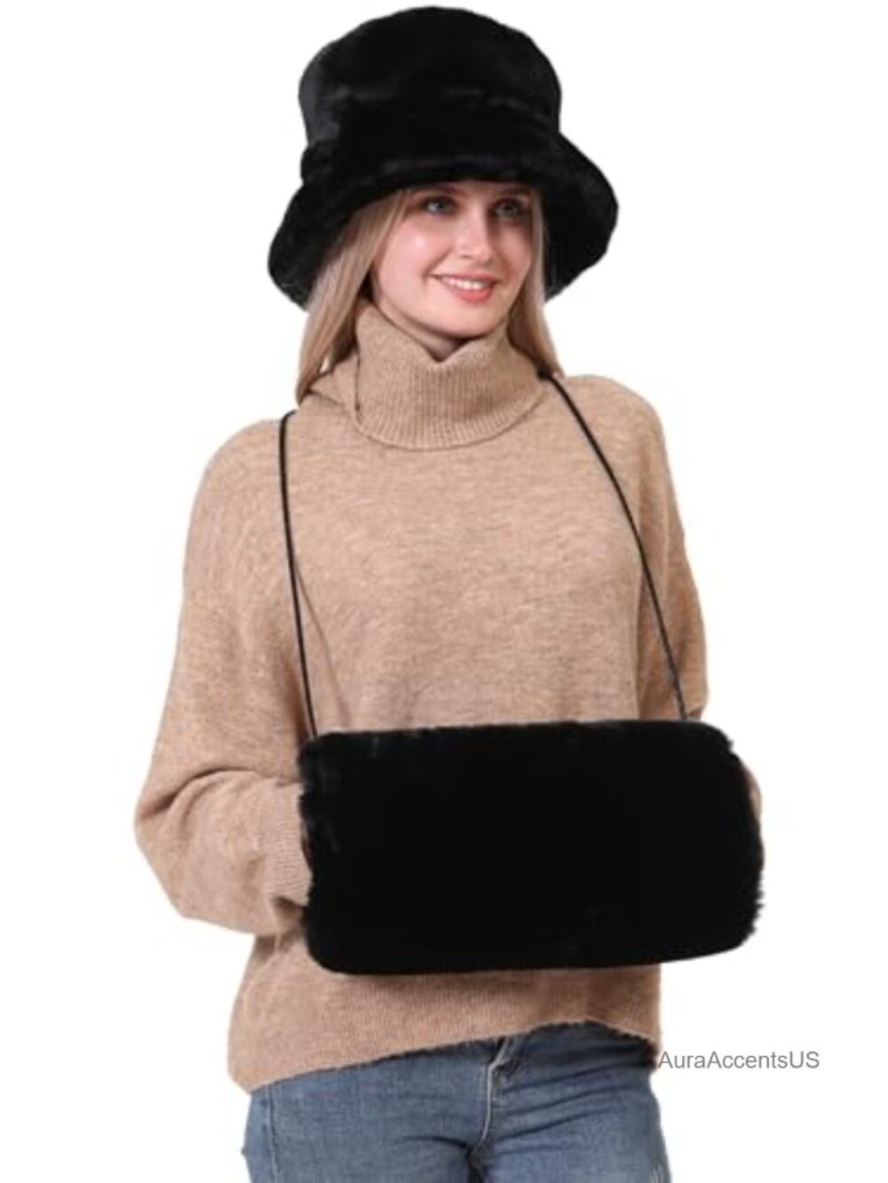 Faux Fur Bucket Hat & Hand Muff Set PU Leather Strap Winter Accessory